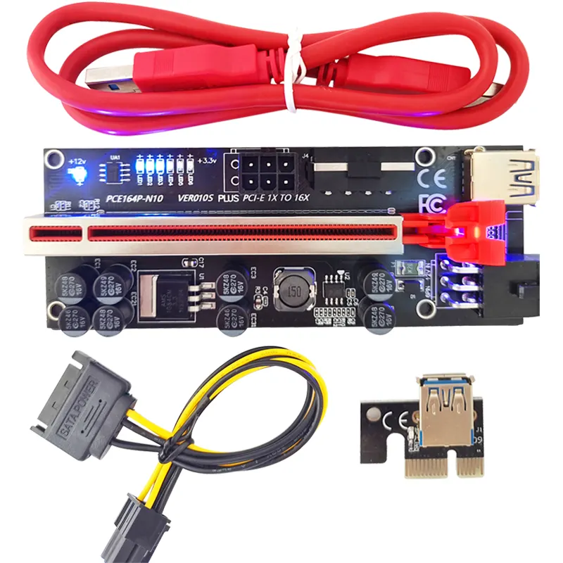 Райзер 010S с 6 светодиодными лампами, 8 конденсаторов, PCI-E 1X до 16X, расширитель карты PCI 6 Pin, адаптер для экспресс-карты Pcie Райзер 010S plus