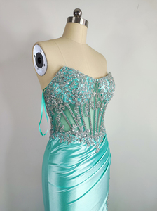 <span class=keywords><strong>Abito</strong></span> da ballo personalizzato blu chiaro con scollo a V con perline di cristallo a sirena formale da sera con spacco <span class=keywords><strong>lungo</strong></span> satinato per le donne - Product Image 5