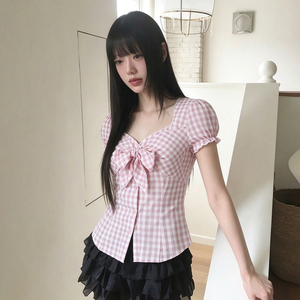 เสื้อเชิ้ตแขนสั้นลายสก็อตหวานๆ สไตล์ฤดูร้อน แต่งโบว์ คอเหลี่ยม ผูกเอว สำหรับผู้หญิง - Product Image 5