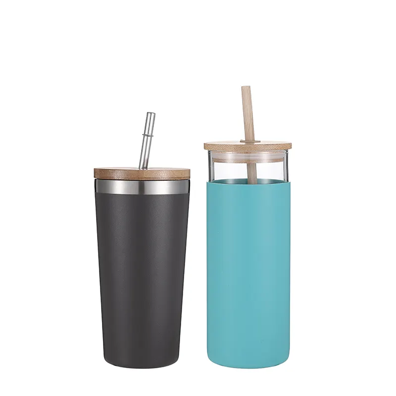 Borraccia per bevande e bicchieri isolati sottovuoto per sport in acciaio inossidabile con coperchio in bambù a tenuta stagna con manico