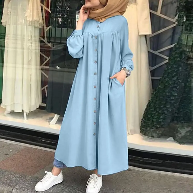Muslim Dress 2022 Fashion Woman Shirt Abaya Dress Long Sleeve Islamic Clothing Dresses Malaysian Female Button Robe