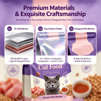 Sachet alimentaire pour chat à fond plat, imprimé sur mesure, à huit soudures latérales, avec fermeture éclair, haute barrière, en feuille d'aluminium, avec trou de suspension Euro, 1kg 5kg.