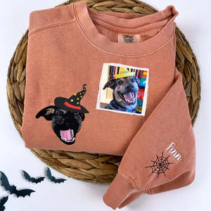 Portrait de chien brodé personnalisé pour <span class=keywords><strong>femme</strong></span> avec sweat à capuche ou sweat-shirt chapeau de sorcière Halloween - Product Image 1