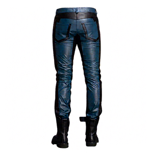 Men's Blue Coated Moto Biker Pants High Waist Zipper Fly Straight Fit Side Pockets Winter Style - Product Image 1