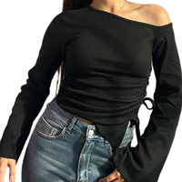Kaos Wanita KY Model Satu Bahu dengan Ikat, Lengan Lonceng Pendek Bermotif, Bahan Bernapas untuk Pakaian Kasual Sehari-hari