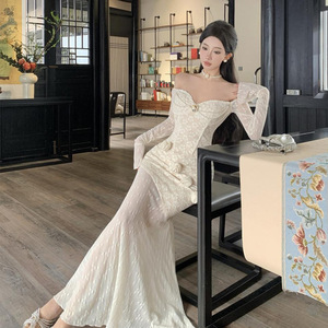 <span class=keywords><strong>Robe</strong></span> moulante élégante et sexy à épaules dénudées style français pour femme, <span class=keywords><strong>modèle</strong></span> 6953, avec jupe queue <span class=keywords><strong>de</strong></span> poisson en dentelle, idéale pour l'été - Product Image 4