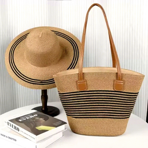 Hot Selling Fashion Woven Stroh Tasche Luxus Strohhut 2 Pcs Set Sunhat Damen Tote Handtasche Holiday Stripe Beach <span class=keywords><strong>Bag</strong></span> - Product Image 1