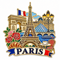 Aimant de réfrigérateur en émail dur avec monuments de la ville de Paris, France : Tour Eiffel, Arc de Triomphe, Louvre, en alliage de zinc, souvenir de voyage