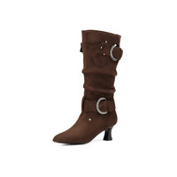 Bottes en daim pour femme à boucle, nouvelle collection automne-hiver 2026, style européen et américain, design souple, talons fins très hauts, mi-mollet pliable