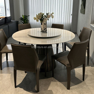 Table à manger ronde de luxe à motif marbré avec plateau tournant en pierre blanche, base évasée noire, 6-8 places, mobilier de restaurant et d'hôtel - Product Image 2