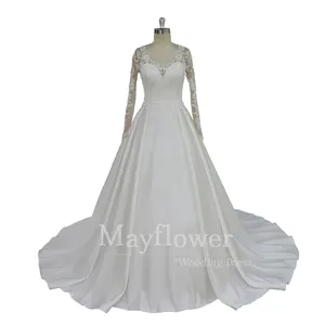 Latest long sleeves A-line satin wedding dress bridal gown