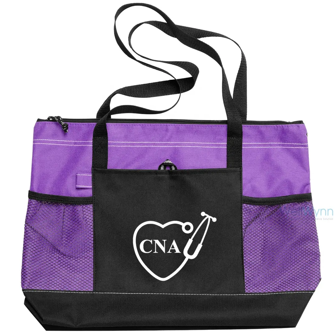 Custom Logo Printed Purple 600D Polyester Shopping Carry On Tote Bag With Zipper