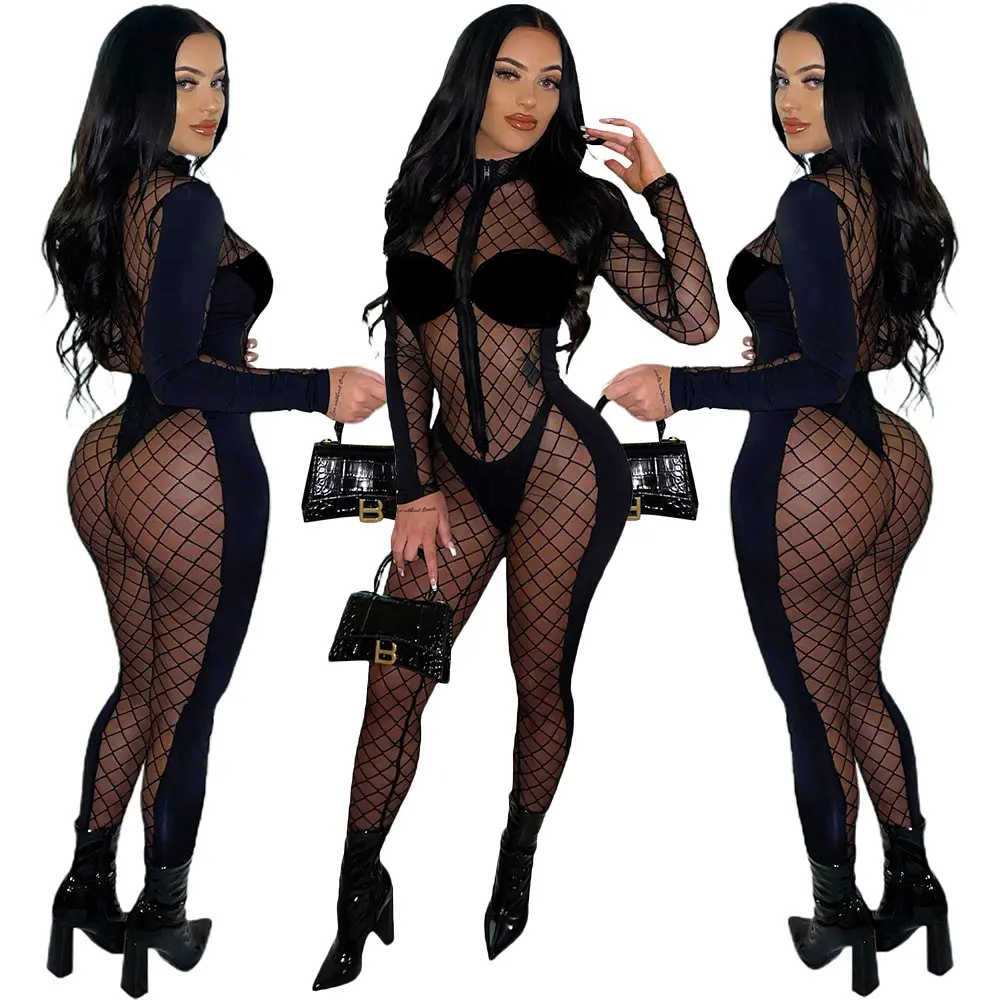 New Trendy Hot Bodycon Mesh See Through Black Fall Clothing For Women Jumpsuit Women Club Outfits For Women Sexy 2022
