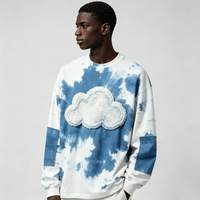T-shirt à manches longues déchiré effet vieilli avec logo brodé en spirale, poignets en jean, délavé dégradé, coupe oversize, style streetwear
