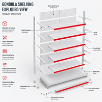 Étagère Gondole Double Face en Métal Gris Clair avec Panneau Perforé et Bordure Rouge – Présentoir Léger à Installation Rapide pour Supermarché, Empilable