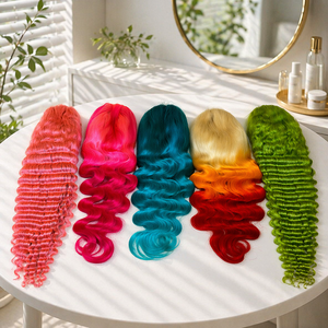 Perruques Lace Front Bleues et Vertes avec Logo Personnalisé, Cheveux Humains Vietnamiens, Sans Colle, Bouclées <span class=keywords><strong>Orange</strong></span>, Chocolat Marron, Vierge, Longues, Densité 250% - Product Image 2