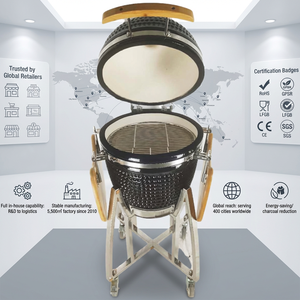 Grill Kamado de camping extérieur, fabriqué en usine OEM, 28 pouces, ovale en céramique émaillée de porcelaine luxueuse, avec chariot en acier inoxydable - Product Image 1