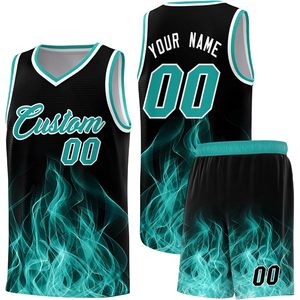Conjunto de Uniforme de Baloncesto Personalizado Unisex sin Mangas con Cuello en V Sublimado Transpirable con Diseño de Llama Impresión de Número y Nombre - Product Image 1