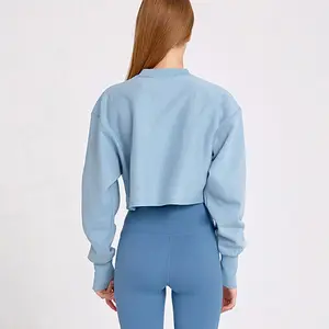 Benutzer definierte Langarm kurz geschnittene T-Shirt Damen Mode Baumwolle Spandex Ernte Mädchen T-Shirt schlichte blaue Frauen Ernte Top-Shirt