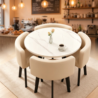 Table à manger ronde en marbre blanc + chaises en cuir beige, mobilier de salle à manger moderne 4 places pour négociations commerciales