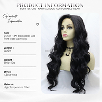 AliLeader Wig Rambut Sintetis Tahan Panas, Model Loose Body Wave Panjang, Warna Hitam, Serat Tahan Suhu Tinggi, Pre Plucked, Lace Front, Laris Manis