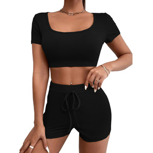 OEM Women Two Piece <b>Set</b> <b>Square</b> Neck Drawstring Cropped Slim Fit Summer Casual Streetwear Outfit Screen Printing Logo - Product Image 2