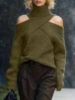 Pull en maille à col roulé pour femme, coupe croisée, épaules dénudées, boutonné, manches longues, couleur unie, automne-hiver