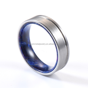 Mavi Mor Kutu Şeklinde Elder Ahşap Kakmalı Yüzük 6mm Fırçalanmış Gümüş Tungsten Karbür Alyans Trend Erkek Nişan Yıldönümü Yüzüğü - Product Image 2
