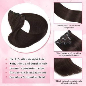 Extensions de cheveux à clipser 100% Remy Lisses 120g 7 pièces Double Trame 18 pouces Brun Foncé Tissages Invisibles Sans Couture pour Femmes - Product Image 2