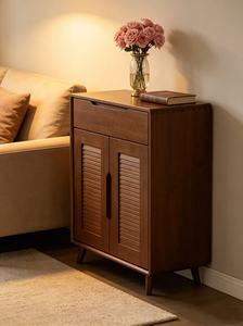 New Arrival Walnut Wood Shoe Cabinet with <b>Drawer</b> & Louvered Doors for Mid-Century Modern Entryway - Product Image 3