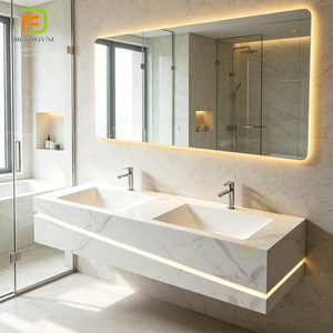 Mueble de Baño Flotante Comercial para Hotel con Doble Lavabo, Mueble de Pared con Lavabo de Piedra Sinterizada para Proyectos de Villas y Apartamentos - Product Image 1