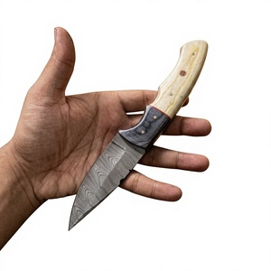 Cuchillo de acampada de hoja fija con punta de caída, de acero de Damasco, para caza, supervivencia, herramienta de bricolaje para exteriores, hoja recta de 20 cm, mango de madera Pakka azul - Product Image 5