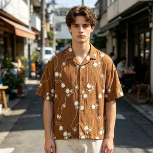 Camisa Casual de Lino/Algodón Marrón para Hombre, con Bordado Floral Jacquard, Tejido Transpirable de Secado Rápido para Verano, Superventas - Product Image 1