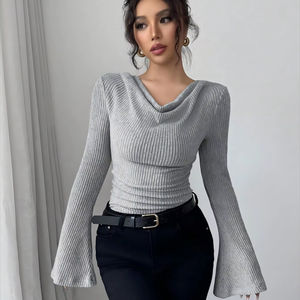 Camiseta Casual Delgada de Punto para Mujer, Otoño 2026, Hombros Descubiertos, Ajuste Delgado, Transpirable, Manga Regular, Color Sólido, Poliéster - Product Image 1