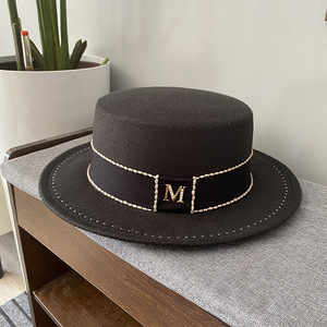 Sombrero Fedora Unisex de Fieltro de Lana Negro al por Mayor con Adornos y Ribete de Cuentas - Product Image 6