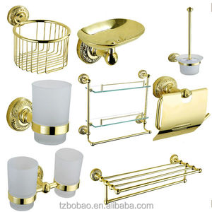 Set da Bagno di Lusso in <span class=keywords><strong>Ottone</strong></span> Dorato con Accessori in Ceramica, 6 Pezzi, <span class=keywords><strong>Porta</strong></span> <span class=keywords><strong>Asciugamani</strong></span> e Portarotolo Dorati per Hotel - Product Image 1