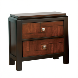 Table de chevet en bois massif de style transitionnel Acacia Walnut à 2 tiroirs avec poignées chromées, meubles de chambre à coucher modernes - Product Image 1