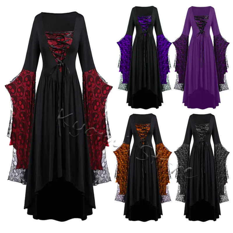 महिलाओं प्लस आकार के लिए हेलोवीन वेशभूषा गोथिक विंटेज पोशाक खोपड़ी फीता बेल आस्तीन सेक्सी फीता अप पिशाच भूत दुल्हन Cosplay