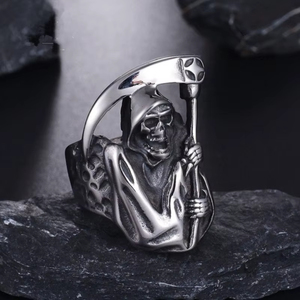 ZhuQian Vintage <span class=keywords><strong>Retro</strong></span> Punk Silberbeschichtete Legierung Breite Ringe Herren Sensenmann-Sensenmesser Dominanter Totenkopf Hip Hop Zirkon Einzigartiger Schmuck - Product Image 1