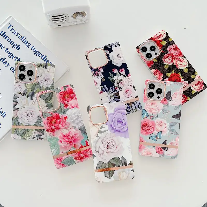 Amazon hot selling tpu square case for cell phone 13 luxury metal rose flower cell phone case cover for iphone 13 pro max shell