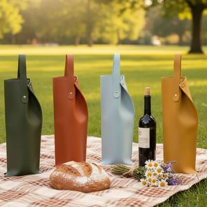 Sac de transport élégant en cuir PU gaufré pour bouteille de vin, livraison rapide, promotionnel, pour une bouteille, camping, portable, avec fermeture à pression - Product Image 1