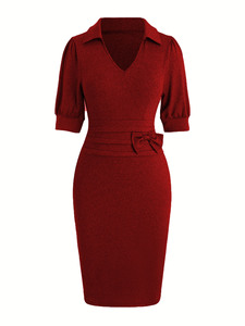 Abito <span class=keywords><strong>in</strong></span> Maglia Elegante da Donna con Colletto Rovesciato, <span class=keywords><strong>Vestito</strong></span> Aderente con Fiocco e Maniche Corte, Produzione OEM ODM Personalizzata - Product Image 2