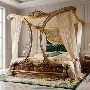Cama con Dosel de Madera Maciza de Estilo Real Francés, Tamaño King, con Detalles Tallados a Mano, Diseño Tradicional, Duradera y Ecológica - Product Image 1