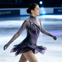 Robe de patinage artistique asymétrique à col en maille dégradé gris-violet, manches longues, dos ouvert, ornée de strass bleus et argentés, pour danse sur glace