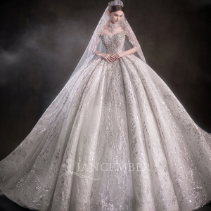 LSHT098 Glitter Strapless Beaded Puffy Ivory Wedding Long Train <b>Gown</b> For <b>Bride</b> - Product Image 1