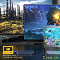 Usine professionnelle ODM/OEM 12 en 1 Hub Usb HDTV 4K 60Hz VGA 3 * USB-A 3.0 2.0 PD 100W Audio Gigabit 1000Mbps Station d'accueil