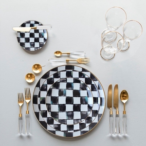 Nordic Style Black White Plaid Custom Logo Porcelain <b>Flat</b> Dinner Plate - Product Image 2