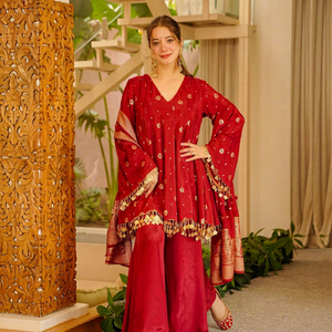 <b>Red</b> <b>Silk</b> Embroidered Salwar Kameez Set With Dupatta Floral Sequin Anarkali Outfit Traditional Dress for Wedding Party - Product Image 1