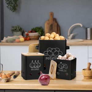 Vegetable Storage Tins, Metal Onion Garlic <strong>Potato</strong> Jars Set, Kitchen Canisters Vegetable Keeper <strong>Containers</strong> with Wooden Lid - Product Image 6