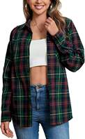 Kemeja Flanel Wanita 60% Katun, Ringan, Lengan Panjang, Motif Kotak-kotak, Kancing, Ukuran Besar, Longgar, Gaya Barat, Kasual, ODM XL